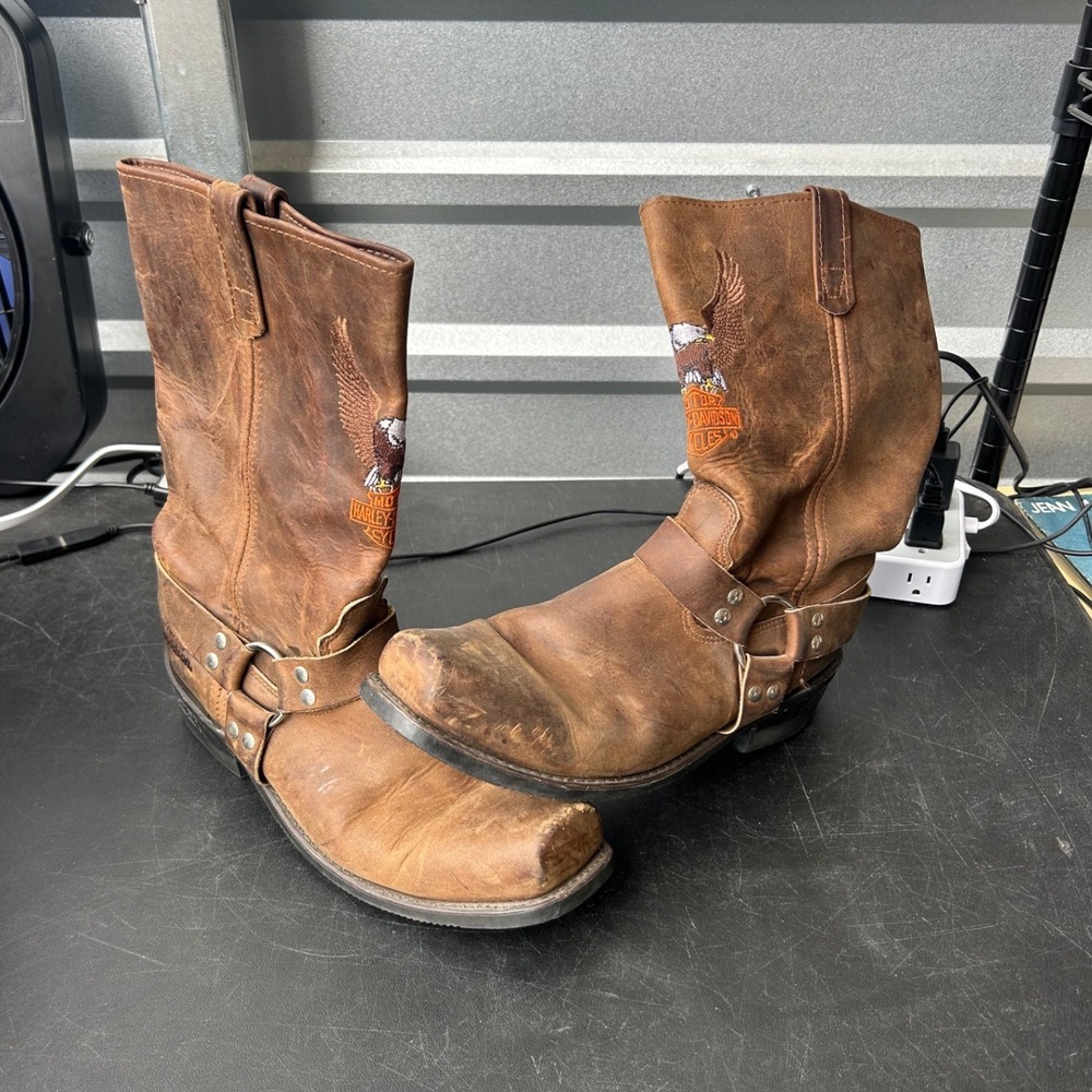 Harley Davidson Mens 13D Brown Leather Eagle Harness Biker Boots Square Toe